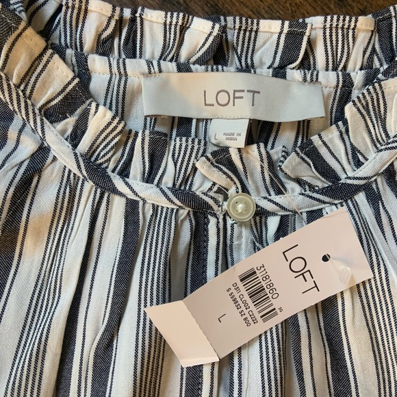 NEW LOFT Striped Ruffle Split Neck Shell - Picture 3 of 4